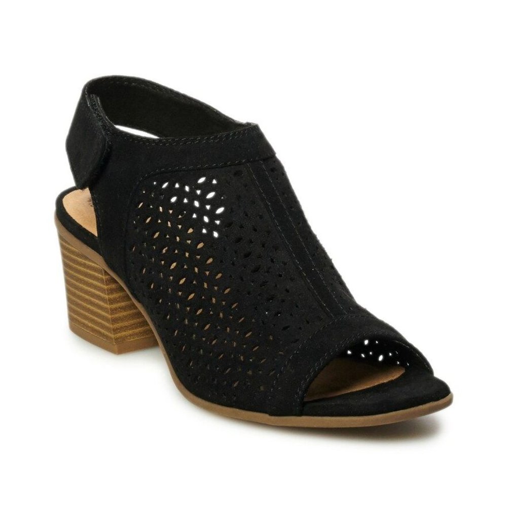 Vegan suede booties open toe Block heel perforated
